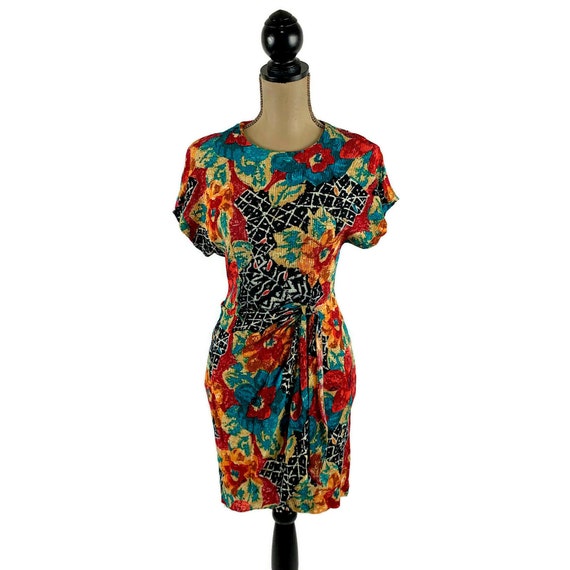 S 80s Abstract Floral Short Sleeve Summer Mini Dr… - image 5