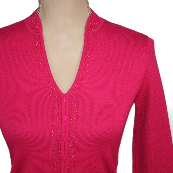 Petite XS 90s Y2K Fuschia Fitted Sweater Top, Kni… - image 2