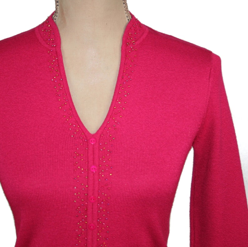 Petite XS 90s Y2K Fuschia Fitted Sweater Top, Knit Long Sleeve Blouse Dark Pink Raspberry V Neck Pullover Clothes Women Vintage SIGRID OLSEN image 2