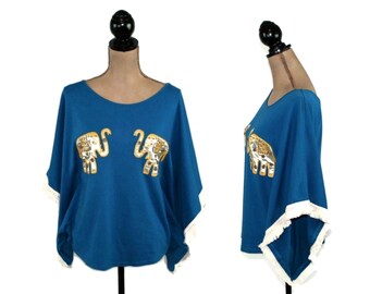 S 90s Y2K Blue Poncho Shirt with Elephant Applique, Fringe Tunic Angel Sleeve Kaftan Loose Top, Bohemian Hippie India Clothes Women Small