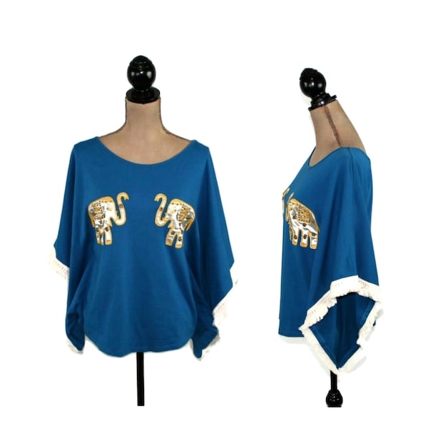 S 90s Y2K Blue Poncho Shirt with Elephant Applique, Fringe Tunic Angel Sleeve Kaftan Loose Top, Bohemian Hippie India Clothes Women Small