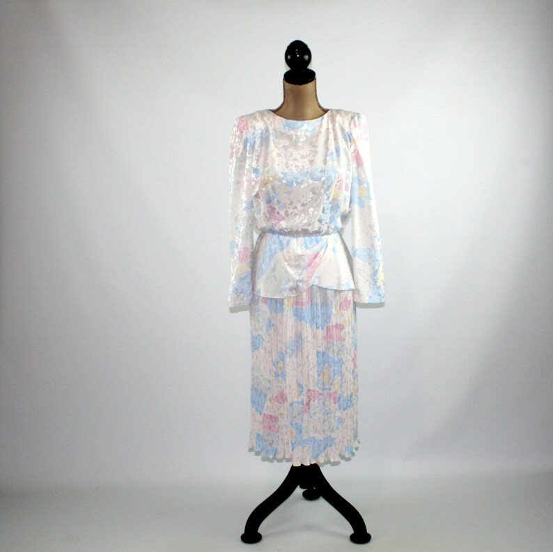 Accordion Pleated Peplum Pastel Abstract Print 70s Long Sleeve Satin Midi Dress Small Petite Vintage Clothing ILGWU 1970s Clothes Women