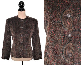 M 90s Dark Brown Paisley Corduroy Jacket, Collarless Fitted Blazer Medium, Earth Tone Fall Winter, 1990s Clothes Women Vintage EVAN PICONE