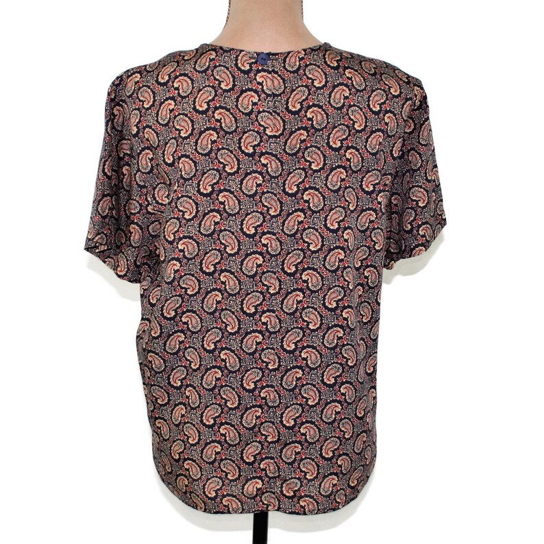 1980s Blouse Short Sleeve Paisley Shirt Boxy Navy Blue Print Rayon Office Wear Liz Claiborne Top 80s Vintage Clothing Women Medium Petite