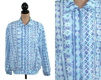 80s Windbreaker Plus Size XL, Geometric Print Bomber Jacket, Lightweight Zip Up, Collared Blue Pastel Stripe, 1980s Clothes Women Vintage