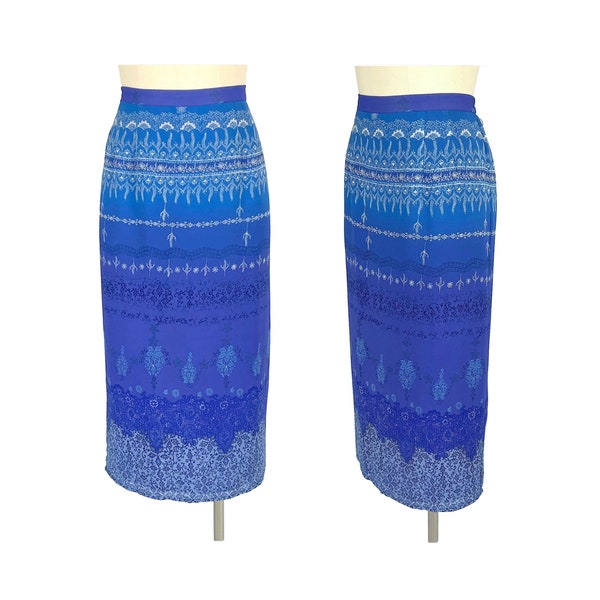 M 90s India Print Chiffon Maxi Skirt Petite Medium, Long Pencil Skirt High Waist Purple Blue 1990s Clothes Women Vintage PLAZA SOUTH Size 10