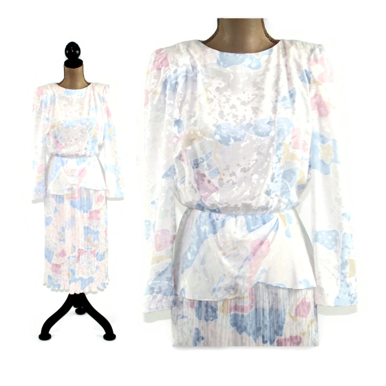 Accordion Pleated Peplum Pastel Abstract Print 70s Long Sleeve Satin Midi Dress Small Petite Vintage Clothing ILGWU 1970s Clothes Women
