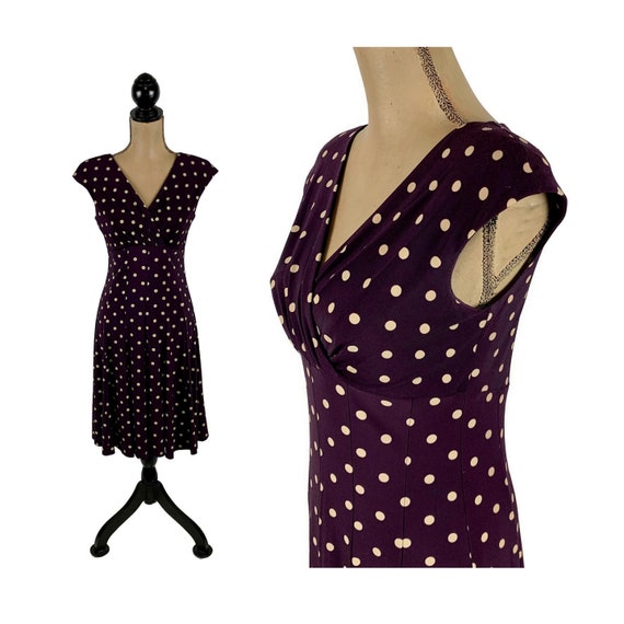 S Y2K Dark Purple Polka Dot Dress Small, Cap Slee… - image 1