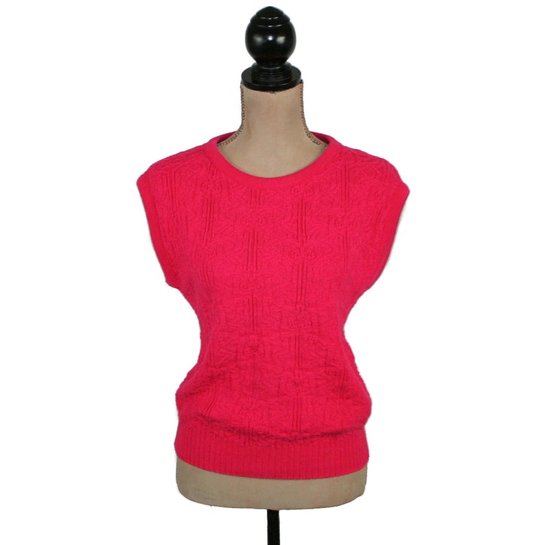 S-M 80s Sleeveless Sweater Vest, Hot Pink Raspberry Cotton Knit Top, Cap Sleeve Preppy Spring Clothes Women, Vintage 1980s Small Medium image 5