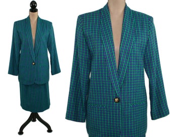 M 80s Tweed Skirt Suit Medium, Blue & Green Plaid Skirt and Blazer Jacket Set, 2 Piece 1980s Clothes Women Vintage Clothing from LUCIA