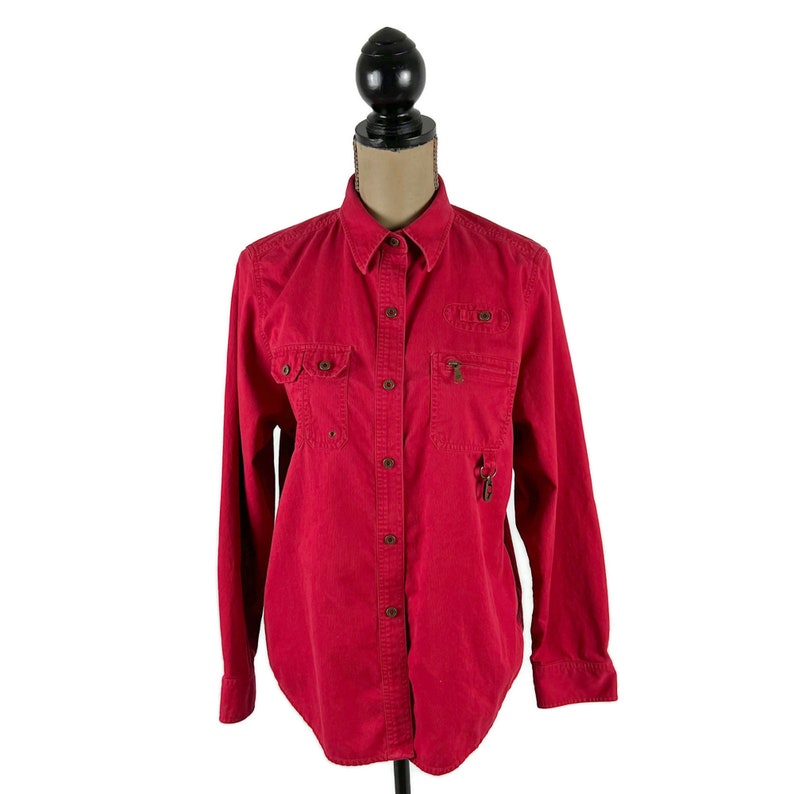 L 90s Red Corduroy Shirt Large, Utility Snap Button Up Casual Collared Long Sleeve Top, 1990s Clothes Women Vintage RALPH LAUREN Dry Goods image 4