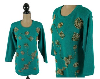 M 80s Gold Beaded Green Sweater Medium, Dressy Pullover Knit Tunic with Shoulder Pads, 1980s Clothes Women, Vintage COLLEENS COLLECTIBLES