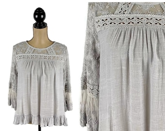 Choose GRAY or WHITE Embroidered Lace Bell Sleeve Boho Top, Flowy Peasant Blouse, Romantic Shirt, New Clothes for Women Available in S M L