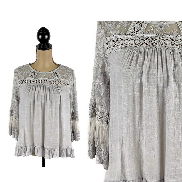 Choose GRAY or WHITE Embroidered Lace Bell Sleeve Boho Top, Flowy Peasant Blouse, Romantic Shirt, New Clothes for Women Available in S M L