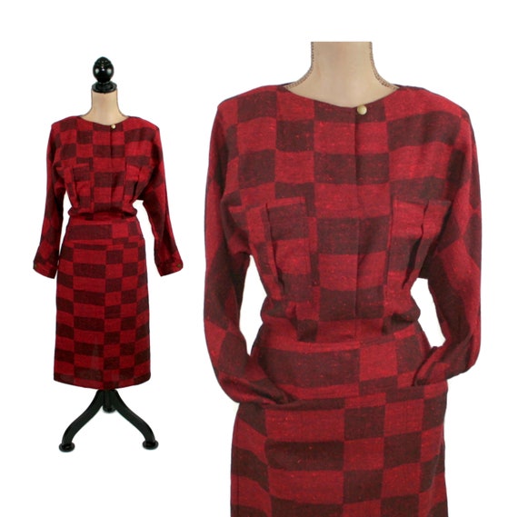 80s Dolman Sleeve Plaid Midi Dress Small Wool Blend Winter 