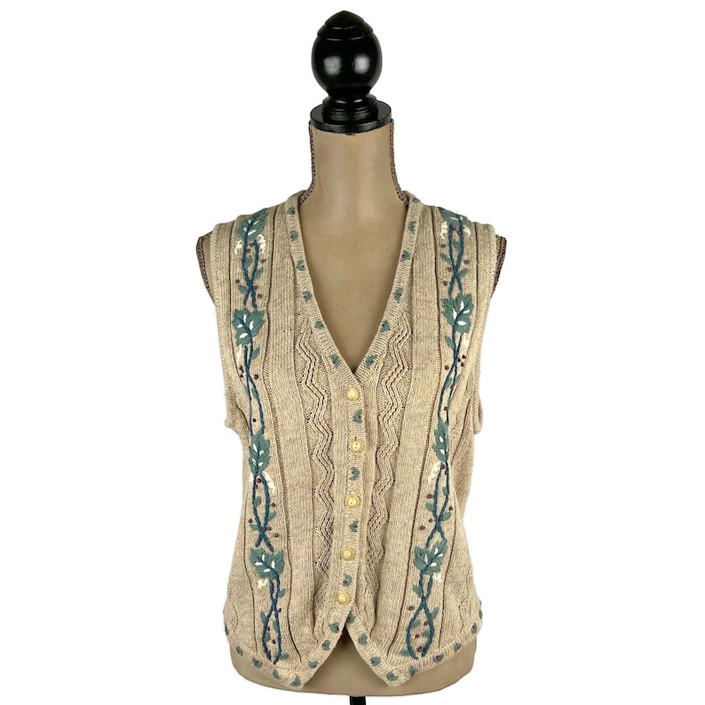 M 90s Button Up Sweater Vest Medium, Embroidered Waistcoat, Beige Knit Sleeveless Cardigan, 1990s Clothes for Women, Vintage I.C. ISAACS image 5