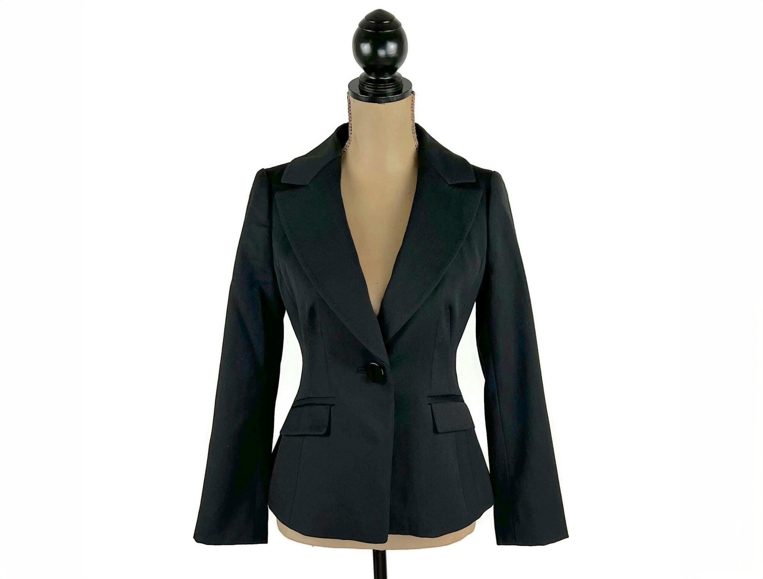 Y2K Fitted Black Wool Blazer XS, Gabardine Tailored Suit Jacket 
