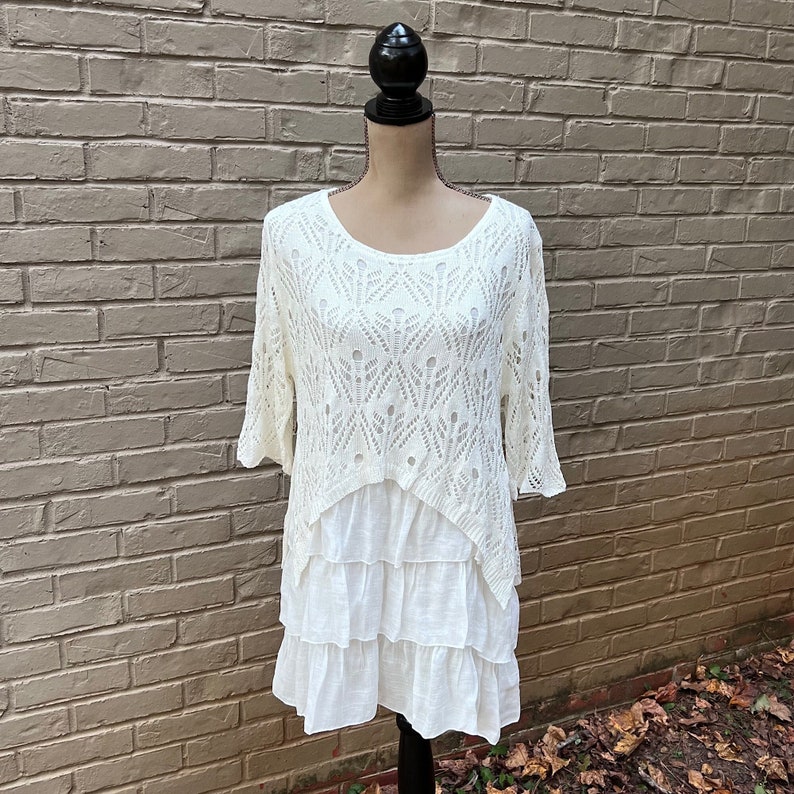 S Short White Boho Tiered Ruffle Mini Dress, Mori Langenlook Layered Knit Pointelle Sweater, Long Tunic Top, Cottagecore Clothes Women Small image 1