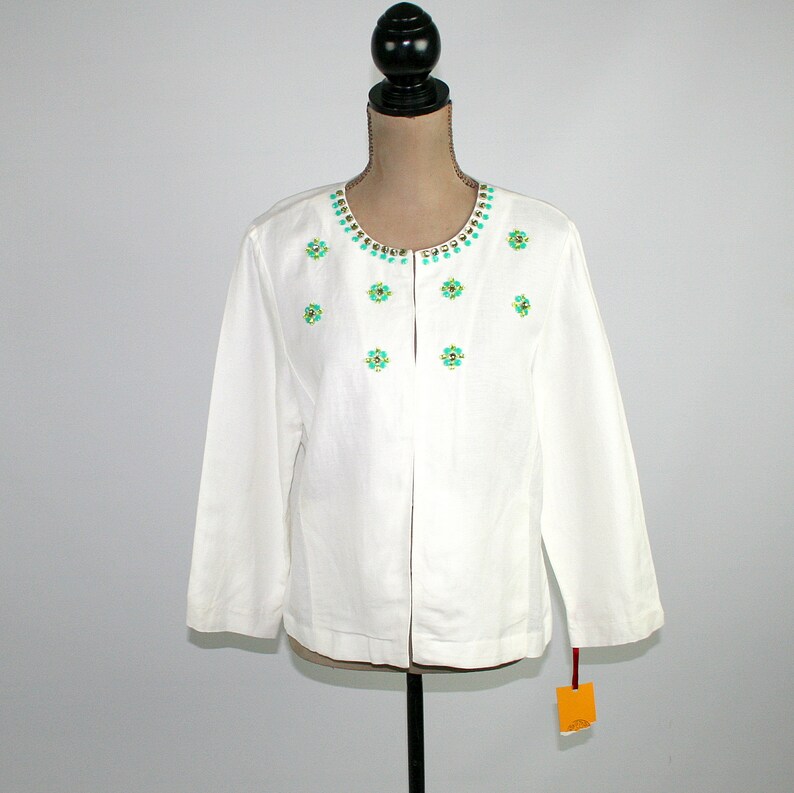 L Embellished White Linen Jacket Women Large, Lightweight Collarless with Pockets, Spring Summer Resort, 2000s Clothes Y2K Clothing Size 12 image 4