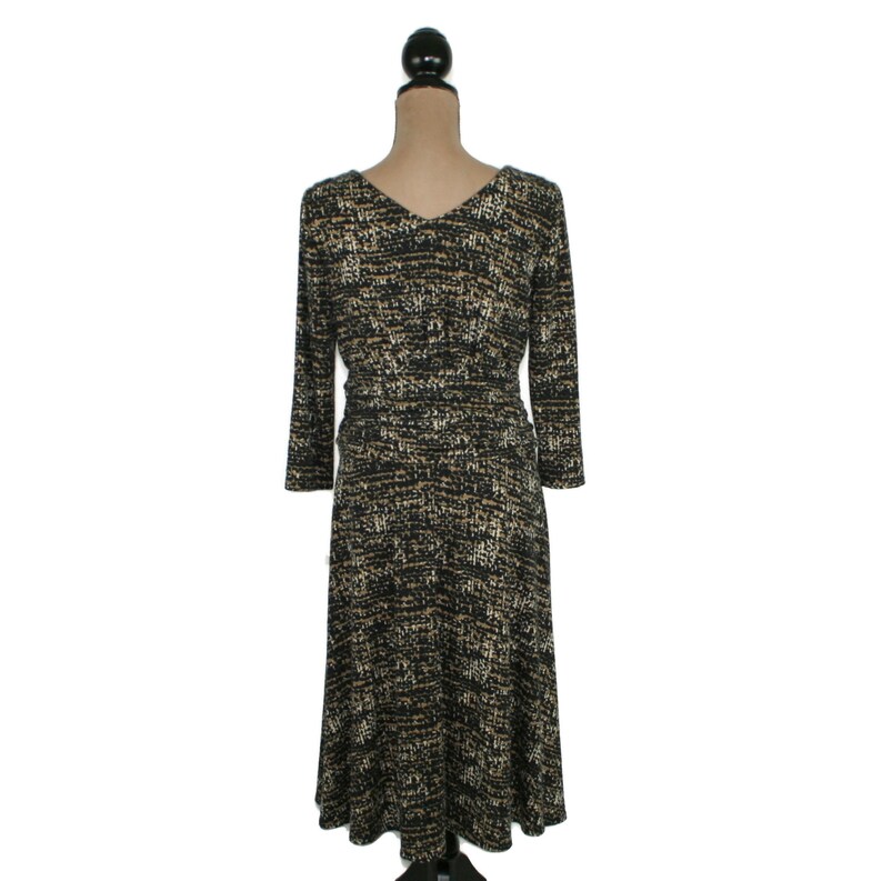 M Y2K Jersey Knit Midi Dress Medium, 3/4 Sleeve Earth Tone Abstract Print A Line with V Neck and Ruched Waist, 2000s Clothes Women Vintage image 6