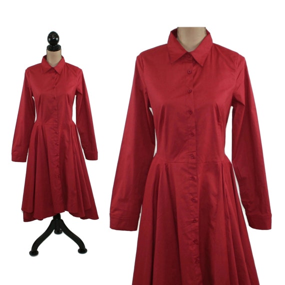 Dark Red Casual Long Sleeve Dress, Button up Cotton Midi, Fit and