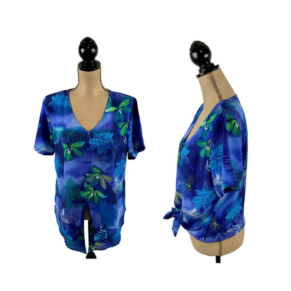 Short Sleeve Tropical Blouse, Floral Print Blue Hawaiian Shirt, Front Tie Waist Top, Summer Clothes Women Vintage Clothing Size Medium Large