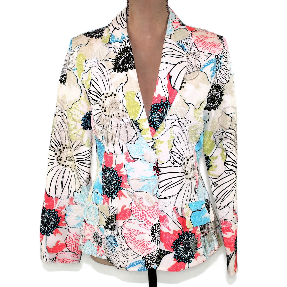 Floral Silk Jacket Embroidered Blazer Women Small Mod Colorful Etsy
