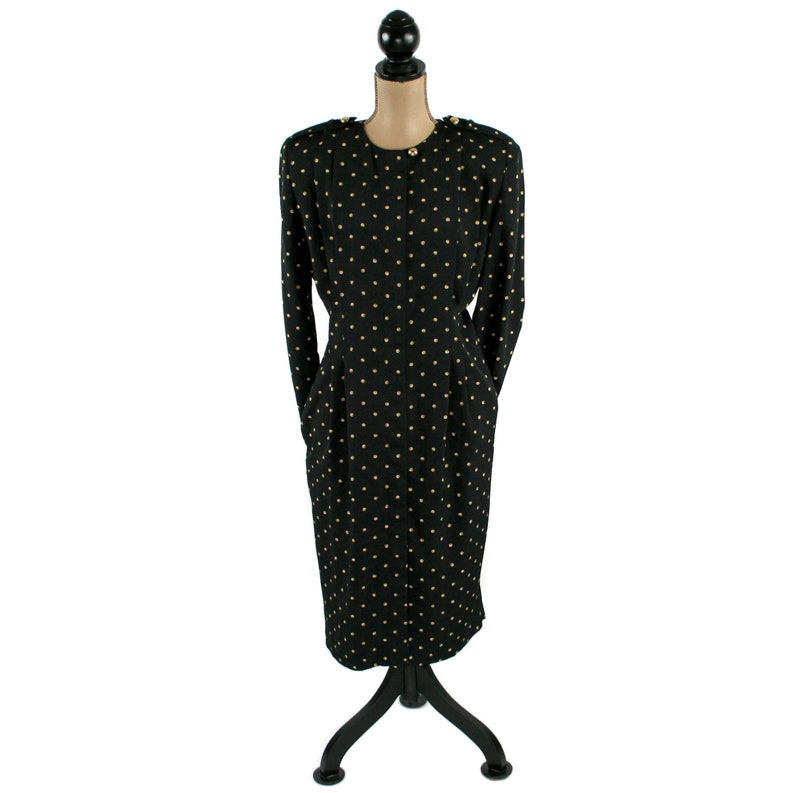 L 90s Black & Gold Polka Dot Dress Large, Long Sleeve Midi Dress with Pockets, 1990s Clothes Women, Vintage Clothing from MS CHAUS Size 14 image 5