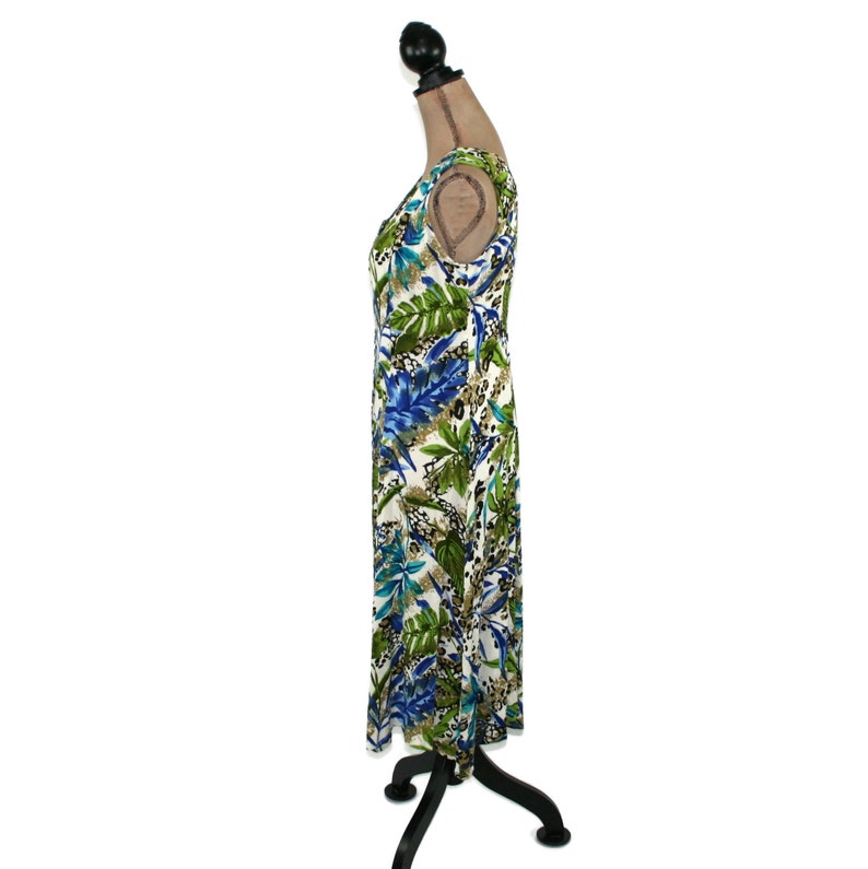 90s Summer Dress Medium, Tropical Print Midi, Sleeveless Button Up, Casual Flowy Crinkle Rayon, 1990s Clothes Women Vintage Dressbarn image 5