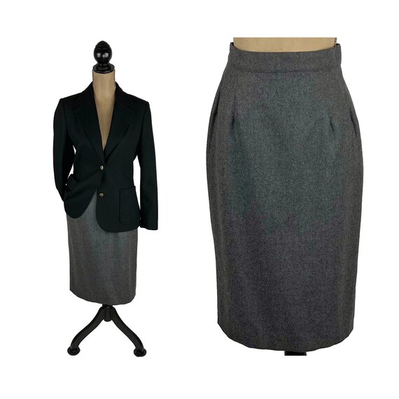 M 80s Gray Wool Pencil Skirt Medium, High Waist M… - image 1
