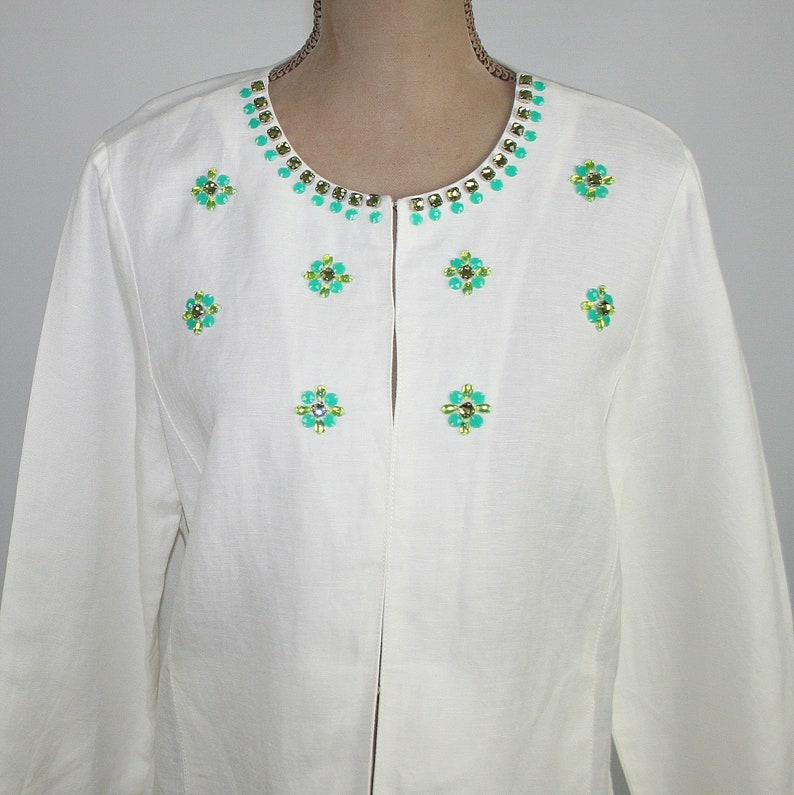 L Embellished White Linen Jacket Women Large, Lightweight Collarless with Pockets, Spring Summer Resort, 2000s Clothes Y2K Clothing Size 12 image 3