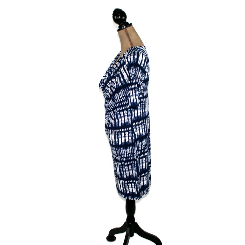 S-M Y2K Jersey Knit Dress, Short Sleeve Midi, Abstract Tie Dye Dark Blue and White, Fitted Stretchy Casual 2000s Clothes Women Small Medium image 5