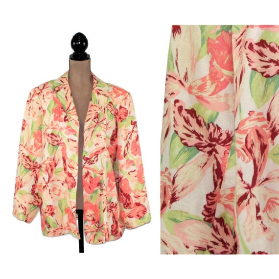 90s Y2K Plus Size Tropical Floral Jacket 2X, Orch… - image 1