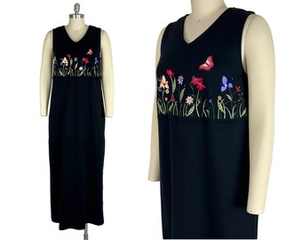 M 90s Embroidered Black Sleeveless Cotton Jersey Maxi Dress Medium, Long Summer Dress with Pockets, 1990s Clothes Women Vintage BECHEMEL