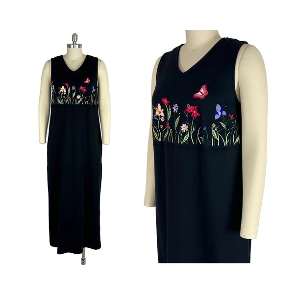 M 90s Embroidered Black Sleeveless Cotton Jersey Maxi Dress Medium, Long Summer Dress with Pockets, 1990s Clothes Women Vintage BECHEMEL