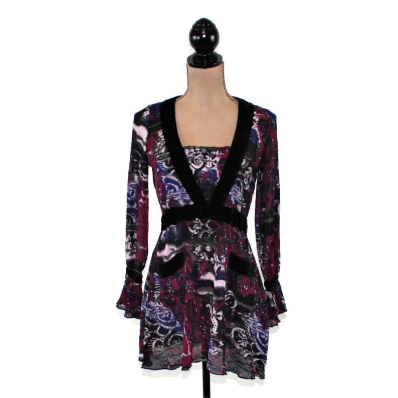 Long Sleeve Boho Top XS Small Romantic Empire Waist Blouse Batik Sheer Purple Print Shirt Ruffle Cuff Hippie Clothes Bohemian Women Clothing