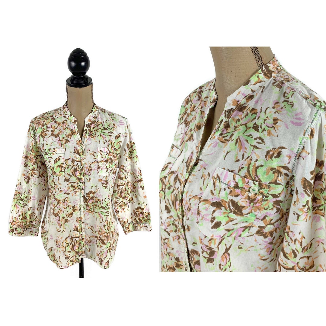 90s Floral Print Cotton Blouse Large 3/4 Sleeve Tunic Top - Etsy