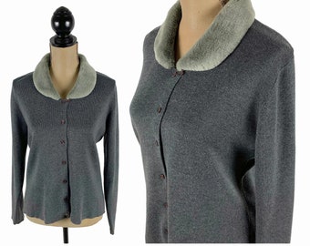 M 90s Gray Cardigan with Faux Fur Collar, Acrylic Cotton Knit Button Up Sweater Medium, 1990s Clothes Women Vintage Clothing KATHIE LEE