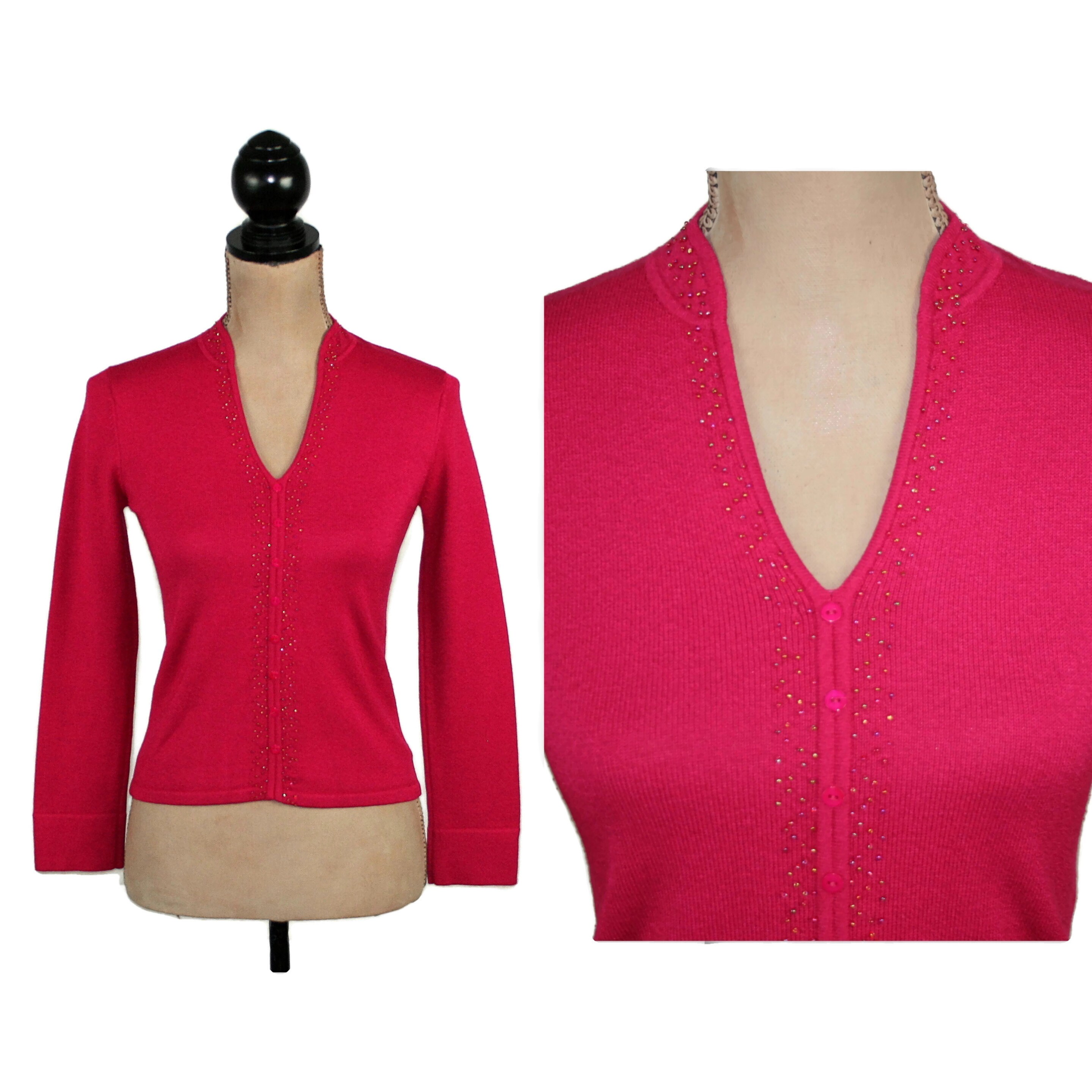 MagpieandOtis Fuschia Sweater Xs Small, Dark Pink Knit Top, Dressy Fitted V Neck Pullover with Seed Beads, Petite Clothes Women Vintage from Sigrid Olsen