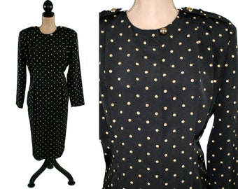 L 90s Black & Gold Polka Dot Dress Large, Long Sleeve Midi Dress with Pockets, 1990s Clothes Women, Vintage Clothing from MS CHAUS Size 14