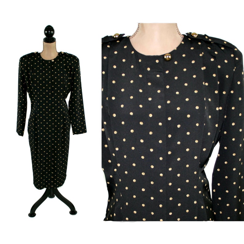 L 90s Black & Gold Polka Dot Dress Large, Long Sleeve Midi Dress with Pockets, 1990s Clothes Women, Vintage Clothing from MS CHAUS Size 14 image 1