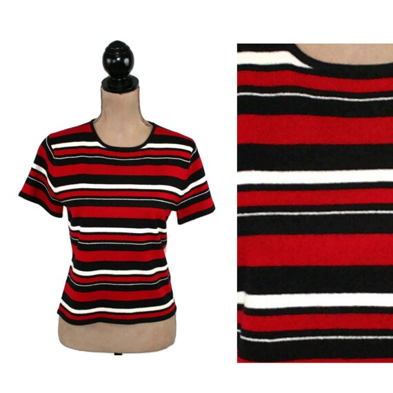 S-M 80s Striped Short Sleeve Knit Sweater Top, 19… - image 1