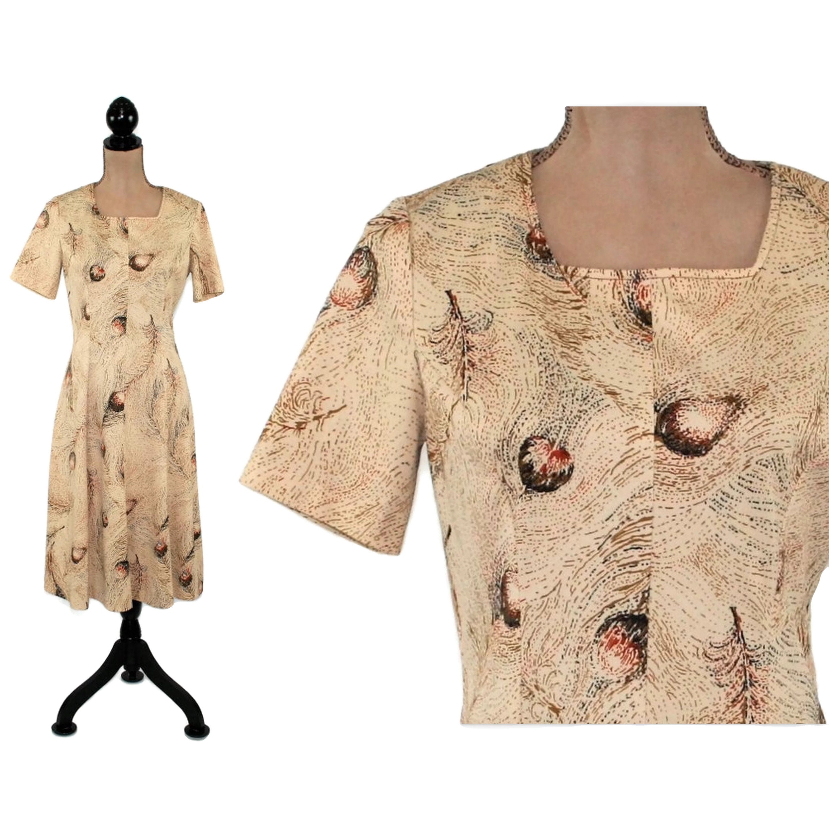 MagpieandOtis 70s Polyester Knit Dress (S-M) Beige with Brown Feather Print, Square Neck Midi Short Sleeve, Modest Casual Day, 1970s Clothes Women Vintage