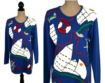 M 80s Sailboat Sweater Medium, Nautical Royal Blue Cruise Novelty, 100% Cotton Knit Tunic, 1980s Clothes Women Vintage RICHARD and COMPANY