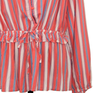 Coral Orange Stripe Button Down Rayon Shirt Long Sleeve Peplum Top Loose Fit Cinched Waist Drawstring Collarless Blouse Women Clothes Casual image 2