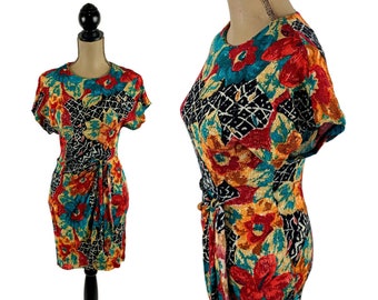 S 80s Abstract Floral Short Sleeve Summer Mini Dress Small, Rayon Bold Tropical Print Sarong Dress, 1980s Clothes Women Vintage DAWN JOY