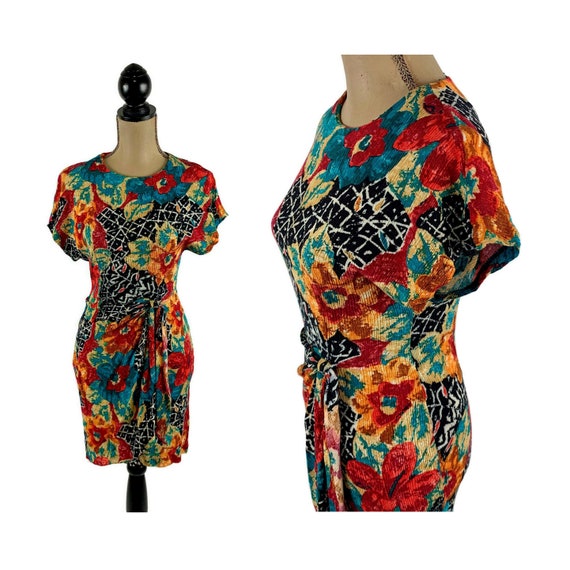 S 80s Abstract Floral Short Sleeve Summer Mini Dr… - image 1