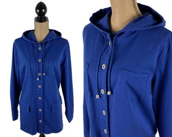 L-XL 90s Y2K Royal Blue Cotton Jacket with Hood, Barn Chore Coat, Multiple Pocket Utility Jacket, Casual Clothes Women Vintage Clothing