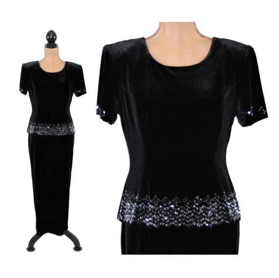 M 90s Black Velvet Dress Medium Petite, Maxi Bead… - image 1