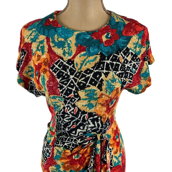 S 80s Abstract Floral Short Sleeve Summer Mini Dr… - image 2